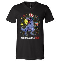 American Flag 4th of July T Rex Dinosaur Amerisaurus Rex Boy V-Neck T-Shirt