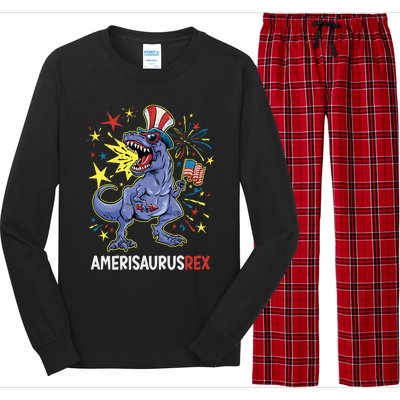 American Flag 4th of July T Rex Dinosaur Amerisaurus Rex Boy Long Sleeve Pajama Set