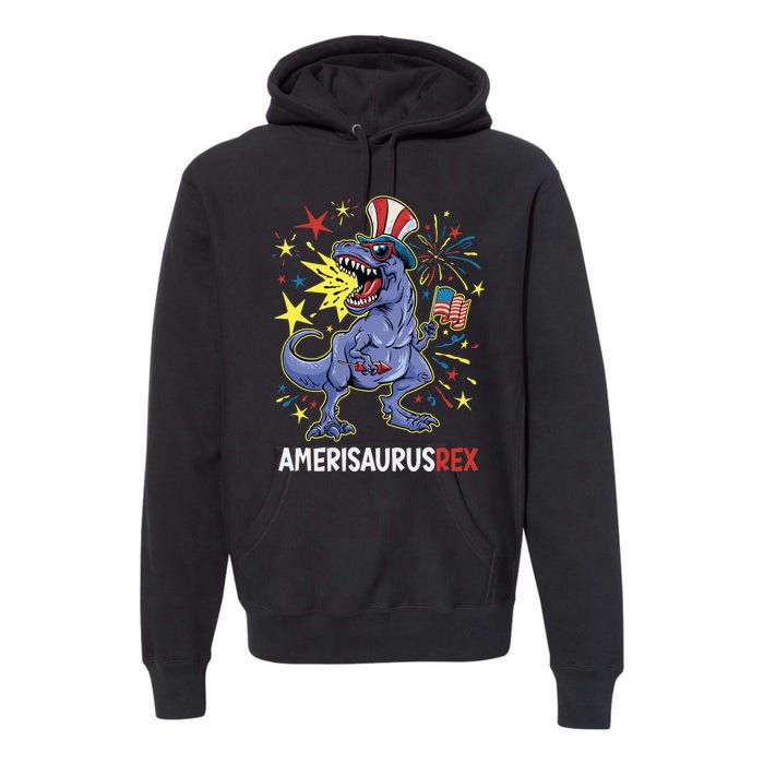 American Flag 4th of July T Rex Dinosaur Amerisaurus Rex Boy Premium Hoodie