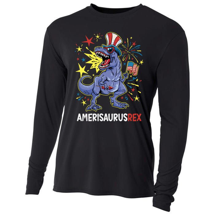 American Flag 4th of July T Rex Dinosaur Amerisaurus Rex Boy Cooling Performance Long Sleeve Crew