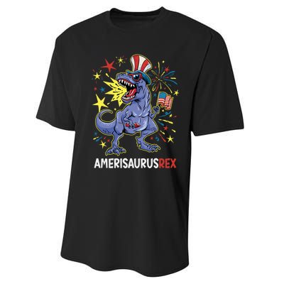 American Flag 4th of July T Rex Dinosaur Amerisaurus Rex Boy Performance Sprint T-Shirt