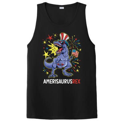 American Flag 4th of July T Rex Dinosaur Amerisaurus Rex Boy PosiCharge Competitor Tank