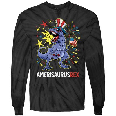 American Flag 4th of July T Rex Dinosaur Amerisaurus Rex Boy Tie-Dye Long Sleeve Shirt