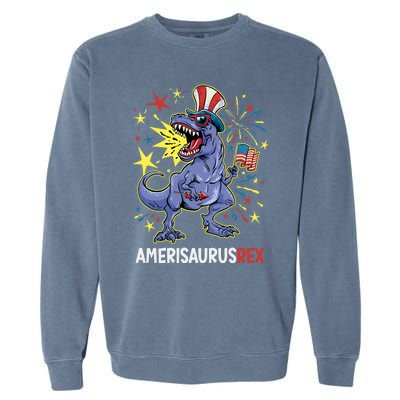 American Flag 4th of July T Rex Dinosaur Amerisaurus Rex Boy Garment-Dyed Sweatshirt