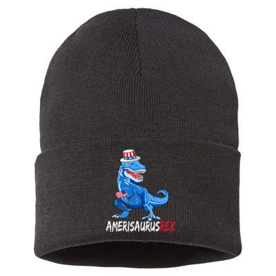 American Flag 4th of July T Rex Dinosaur Amerisaurus Rex Sustainable Knit Beanie