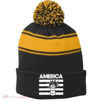 America Firework 4th Of July Flag Stripe Pom Pom Beanie