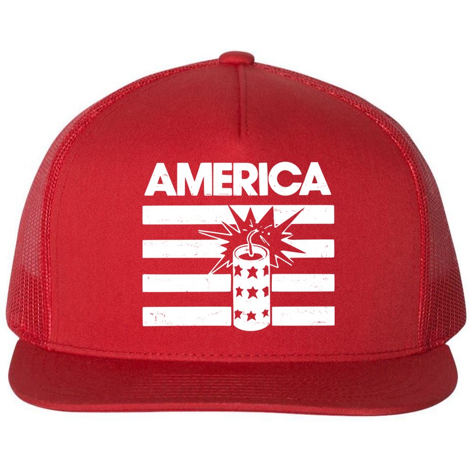 America Firework 4th Of July Flag Flat Bill Trucker Hat