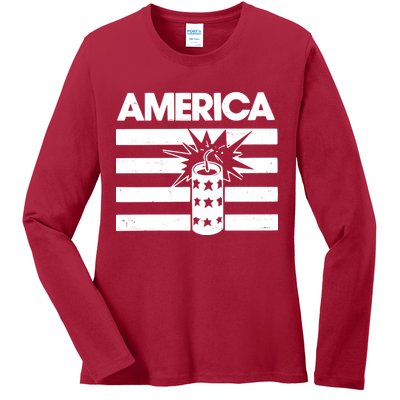 America Firework 4th Of July Flag Ladies Long Sleeve Shirt