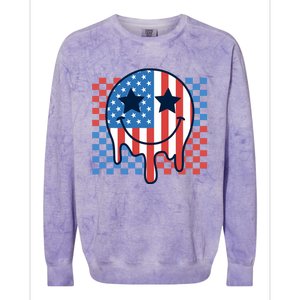 American Flag 4th Of July Groovy Smiling Face Checkered Colorblast Crewneck Sweatshirt