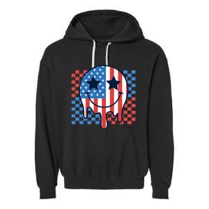 American Flag 4th Of July Groovy Smiling Face Checkered Garment-Dyed Fleece Hoodie