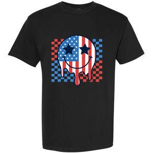 American Flag 4th Of July Groovy Smiling Face Checkered Garment-Dyed Heavyweight T-Shirt