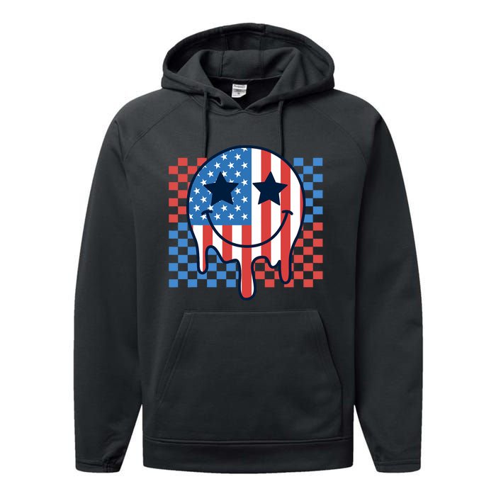 American Flag 4th Of July Groovy Smiling Face Checkered Performance Fleece Hoodie