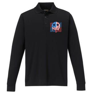 American Flag 4th Of July Groovy Smiling Face Checkered Performance Long Sleeve Polo