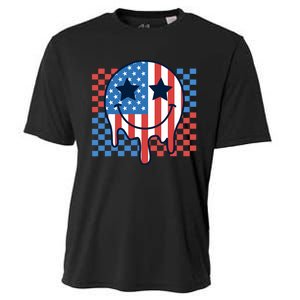 American Flag 4th Of July Groovy Smiling Face Checkered Cooling Performance Crew T-Shirt