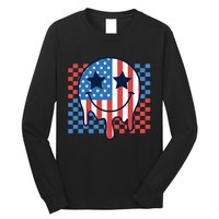 American Flag 4th Of July Groovy Smiling Face Checkered Long Sleeve Shirt