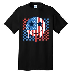 American Flag 4th Of July Groovy Smiling Face Checkered Tall T-Shirt