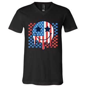 American Flag 4th Of July Groovy Smiling Face Checkered V-Neck T-Shirt