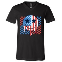 American Flag 4th Of July Groovy Smiling Face Checkered V-Neck T-Shirt