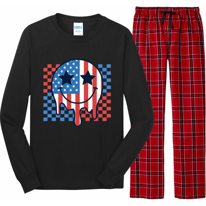 American Flag 4th Of July Groovy Smiling Face Checkered Long Sleeve Pajama Set