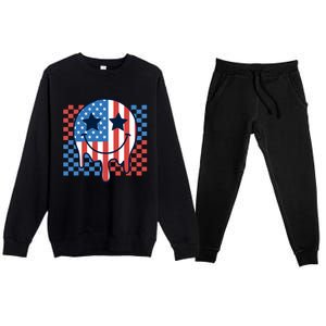 American Flag 4th Of July Groovy Smiling Face Checkered Premium Crewneck Sweatsuit Set