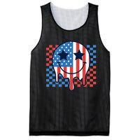 American Flag 4th Of July Groovy Smiling Face Checkered Mesh Reversible Basketball Jersey Tank