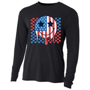 American Flag 4th Of July Groovy Smiling Face Checkered Cooling Performance Long Sleeve Crew