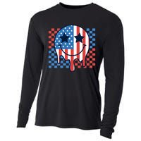 American Flag 4th Of July Groovy Smiling Face Checkered Cooling Performance Long Sleeve Crew