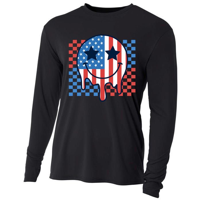 American Flag 4th Of July Groovy Smiling Face Checkered Cooling Performance Long Sleeve Crew