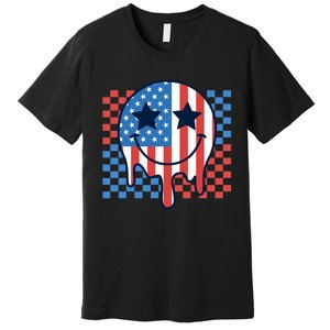 American Flag 4th Of July Groovy Smiling Face Checkered Premium T-Shirt