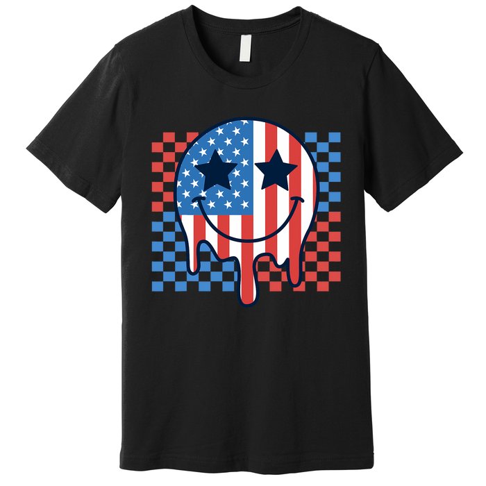 American Flag 4th Of July Groovy Smiling Face Checkered Premium T-Shirt