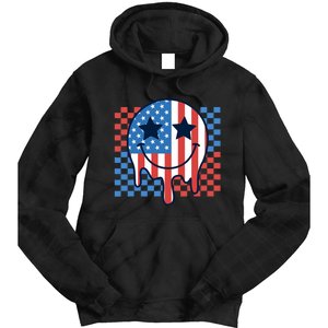 American Flag 4th Of July Groovy Smiling Face Checkered Tie Dye Hoodie