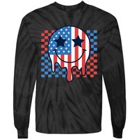 American Flag 4th Of July Groovy Smiling Face Checkered Tie-Dye Long Sleeve Shirt