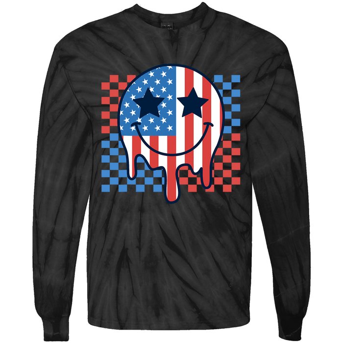 American Flag 4th Of July Groovy Smiling Face Checkered Tie-Dye Long Sleeve Shirt