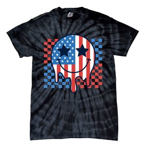 American Flag 4th Of July Groovy Smiling Face Checkered Tie-Dye T-Shirt