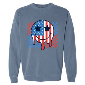 American Flag 4th Of July Groovy Smiling Face Checkered Garment-Dyed Sweatshirt