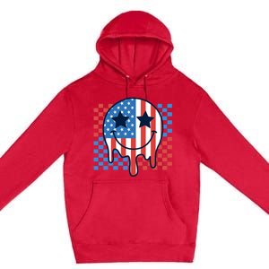 American Flag 4th Of July Groovy Smiling Face Checkered Premium Pullover Hoodie