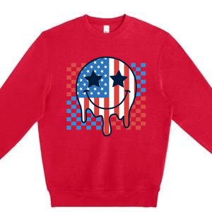 American Flag 4th Of July Groovy Smiling Face Checkered Premium Crewneck Sweatshirt