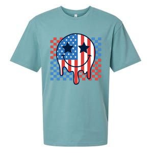 American Flag 4th Of July Groovy Smiling Face Checkered Sueded Cloud Jersey T-Shirt