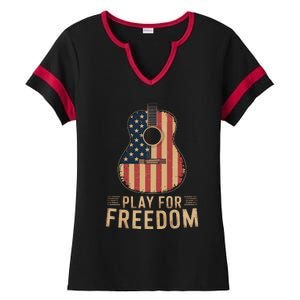 American Flag Acoustic Guitar Play For Freedom Ladies Halftime Notch Neck Tee