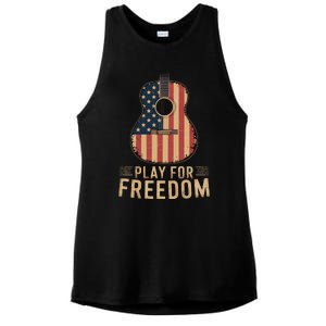 American Flag Acoustic Guitar Play For Freedom Ladies PosiCharge Tri-Blend Wicking Tank