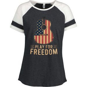 American Flag Acoustic Guitar Play For Freedom Enza Ladies Jersey Colorblock Tee