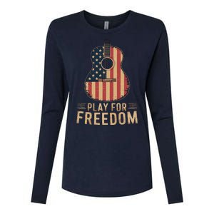 American Flag Acoustic Guitar Play For Freedom Womens Cotton Relaxed Long Sleeve T-Shirt