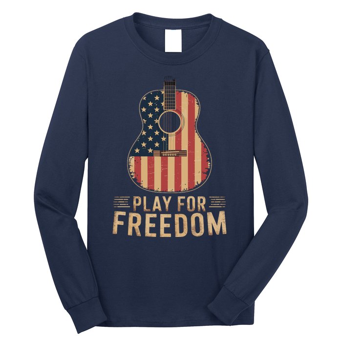 American Flag Acoustic Guitar Play For Freedom Long Sleeve Shirt