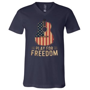 American Flag Acoustic Guitar Play For Freedom V-Neck T-Shirt