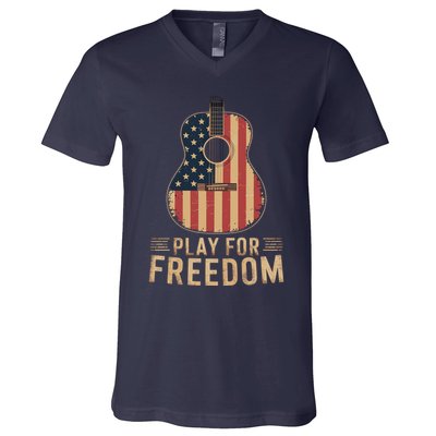 American Flag Acoustic Guitar Play For Freedom V-Neck T-Shirt