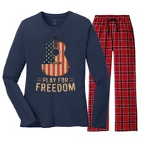 American Flag Acoustic Guitar Play For Freedom Women's Long Sleeve Flannel Pajama Set 