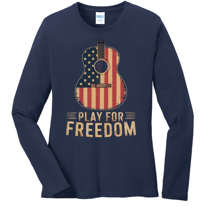 American Flag Acoustic Guitar Play For Freedom Ladies Long Sleeve Shirt