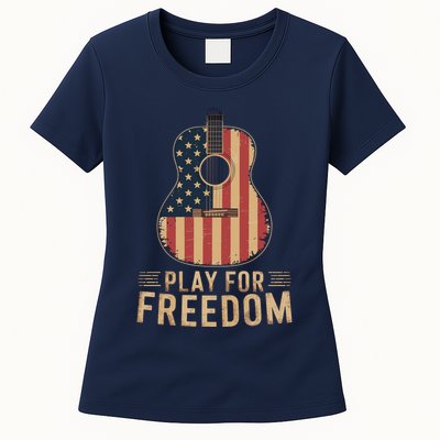 American Flag Acoustic Guitar Play For Freedom Womens T-Shirt