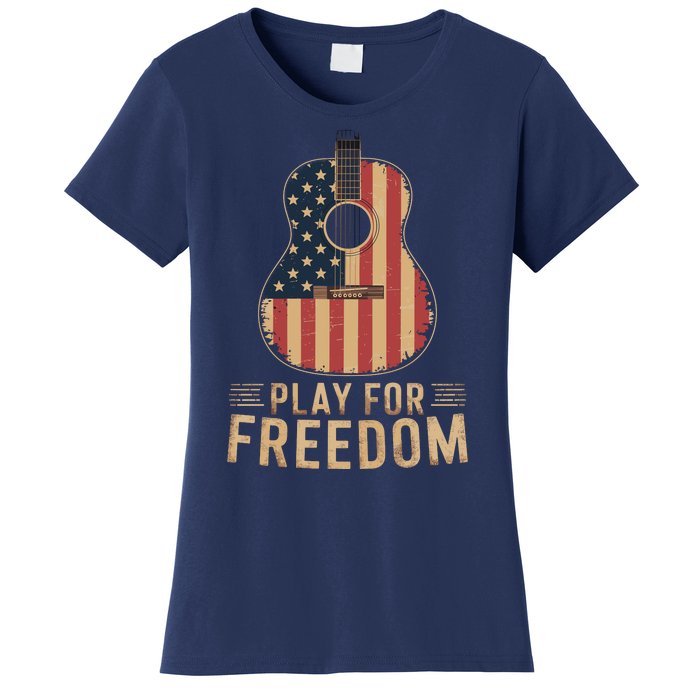 American Flag Acoustic Guitar Play For Freedom Women's T-Shirt