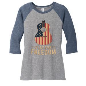 American Flag Acoustic Guitar Play For Freedom Women's Tri-Blend 3/4-Sleeve Raglan Shirt